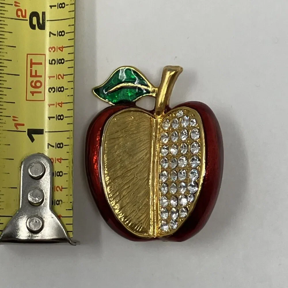 Apple Pin Brooch Pave Set Rhinestones Crystals Enamel Red Delicious Teacher Gift